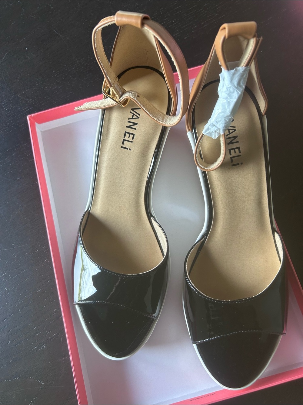 Vaneli Black Patent Peep-Toe Ankle-Strap Heels